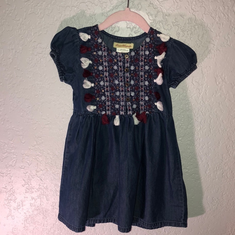 Sweet Magnolia Blue Denim Dress 3T With White And Burgundy Tassels